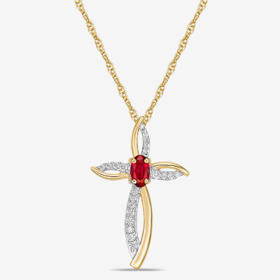 Womens Diamond Accent Lab Created Red Ruby 10K Gold Cross Pendant Necklace