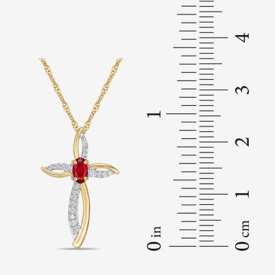 Womens Diamond Accent Lab Created Red Ruby 10K Gold Cross Pendant Necklace