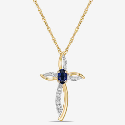 Womens 1/10 CT. T.W. Lab Created Blue Sapphire 10K Gold Cross Round Pendant Necklace