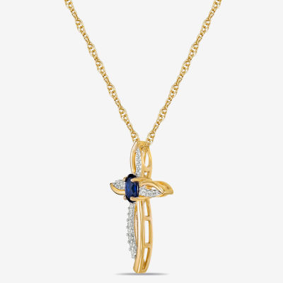 Womens 1/10 CT. T.W. Lab Created Blue Sapphire 10K Gold Cross Round Pendant Necklace