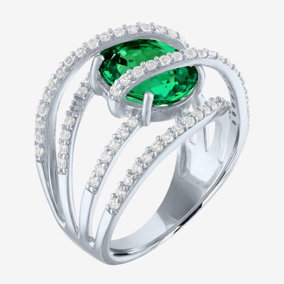 Lab-Created Emerald & White Sapphire Sterling Silver Cocktail Ring