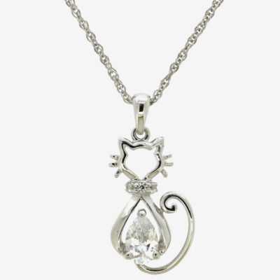 Cat Womens Lab Created White Sapphire Sterling Silver Pendant Necklace