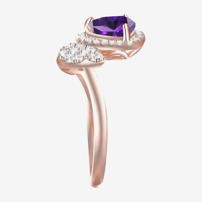 Gemstone 14K Rose Gold Over Silver Heart Halo Bypass Cocktail Ring