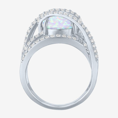 Womens Lab-Created Opal & White Sapphire Sterling Silver Cocktail Ring