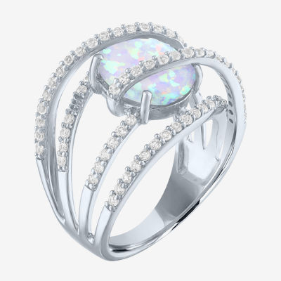 Womens Lab-Created Opal & White Sapphire Sterling Silver Cocktail Ring