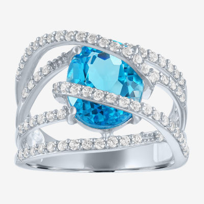 Womens Genuine Blue Topaz & Lab-Created White Sapphires Sterling Silver Cocktail Ring