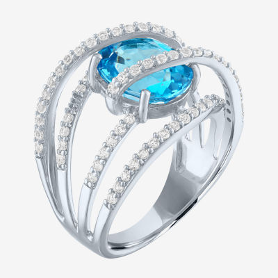 Womens Genuine Blue Topaz & Lab-Created White Sapphires Sterling Silver Cocktail Ring