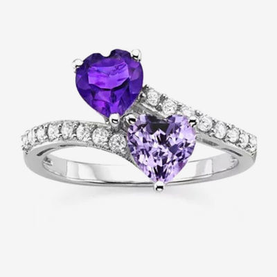 Genuine Amethyst & Lab-Created White Sapphire Double Heart Bypass Ring Sterling Silver