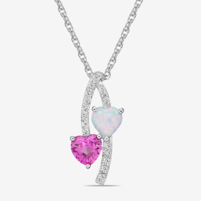 Womens Lab Created Opal Sterling Silver Heart Pendant Necklace