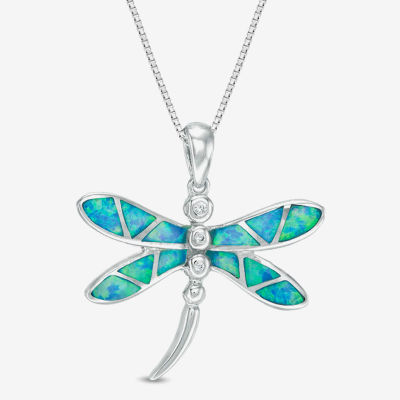 Dragon Fly Womens Lab Created White Opal Sterling Silver Pendant Necklace