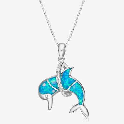 Womens Lab Created Blue Opal Sterling Silver 18 Inch Pendant Necklace