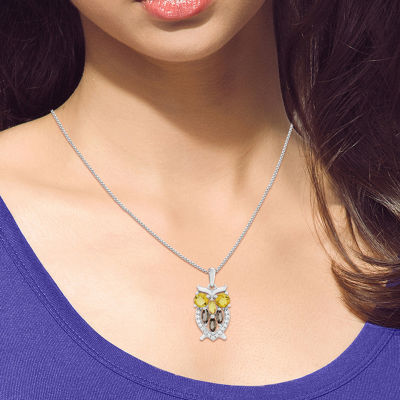 "Owl" Womens Genuine Yellow Citrine Sterling Silver Pendant Necklaces