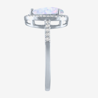 Yes, Please! Womens Lab Created White Opal Sterling Silver Pear Halo Cocktail Ring