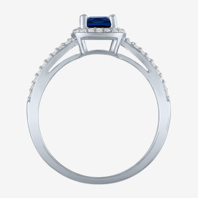 Yes, Please! Womens Lab Created Blue Sapphire Sterling Silver Cushion Halo Cocktail Ring