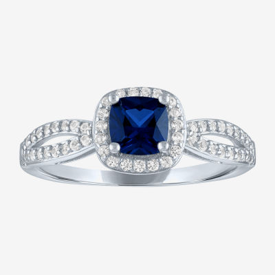 Yes, Please! Womens Lab Created Blue Sapphire Sterling Silver Cushion Halo Cocktail Ring