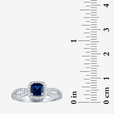 Yes, Please! Womens Lab Created Blue Sapphire Sterling Silver Cushion Halo Cocktail Ring