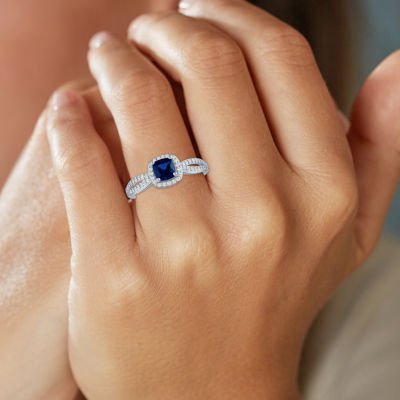 Yes, Please! Womens Lab Created Blue Sapphire Sterling Silver Cushion Halo Cocktail Ring