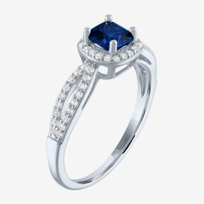 Yes, Please! Womens Lab Created Blue Sapphire Sterling Silver Cushion Halo Cocktail Ring