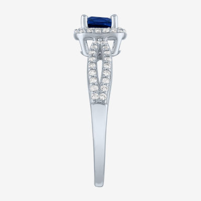 Yes, Please! Womens Lab Created Blue Sapphire Sterling Silver Cushion Halo Cocktail Ring