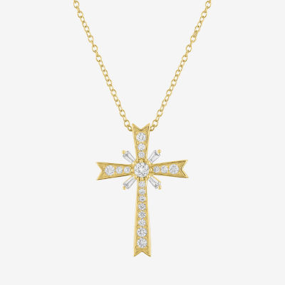 Yes, Please! Womens Lab Created White Sapphire 14K Gold Over Silver Cross Pendant Necklace