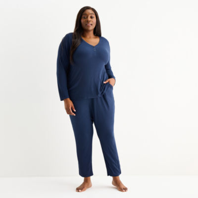 Liz Claiborne Womens Rib Long Sleeve 2-pc. Plus Pajama Sets