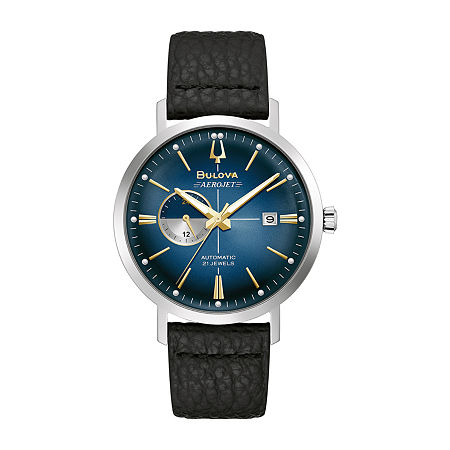 Bulova Aerojet Mens Automatic Black Leather Strap Watch 96b374, One Size