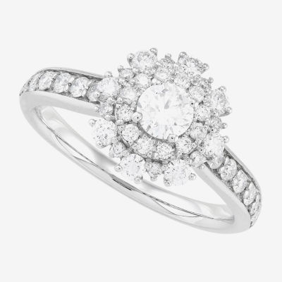 Womens 1 CT. T.W. Natural White Diamond 14K White Gold Halo Engagement Ring