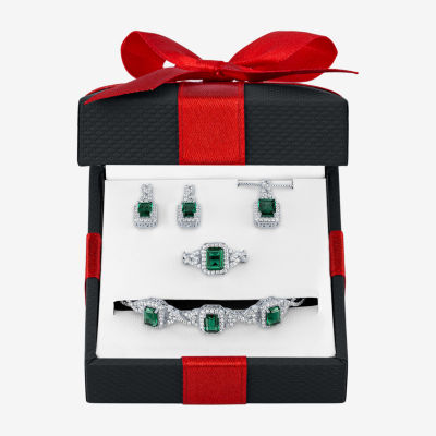 Womens 4-pc. Simulated Emerald & Cubic Zirconia Silver Over Brass Jewelry Set