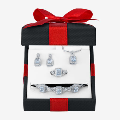 Womens 4-pc. Simulated Aquamarine & Cubic Zirconia Silver Over Brass Jewelry Set