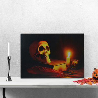 LED Lighted Skull by Flickering Candlelight Halloween Canvas Wall Art 12" x 15.75"