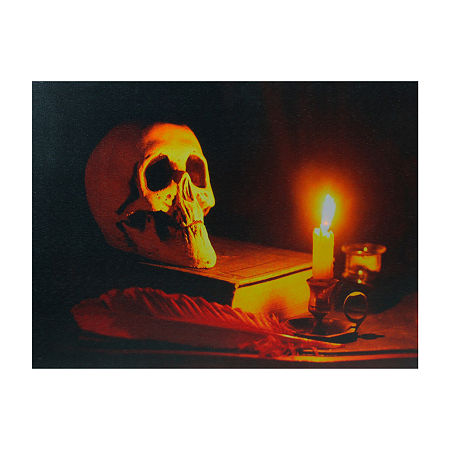 LED Lighted Skull By Flickering Candlelight Halloween Canvas Wall Art 12 X 15.75, One Size, Orange