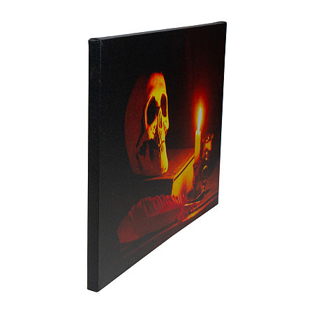 LED Lighted Skull By Flickering Candlelight Halloween Canvas Wall Art 12 X 15.75, One Size, Orange