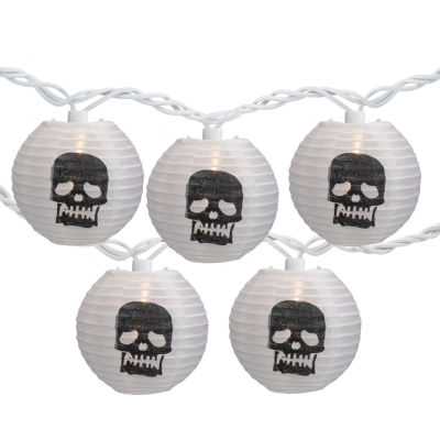 10-Count White and Black Skull Paper Lantern Halloween Lights  8.5ft White Wire