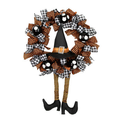 Orange and Black Witch with Bows Halloween Wreath  24-Inch  Unlit