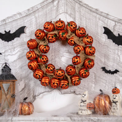 Jack-O-Lantern and Burlap Ribbon Halloween Wreath  20-Inch  Unlit