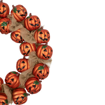 Jack-O-Lantern and Burlap Ribbon Halloween Wreath  20-Inch  Unlit