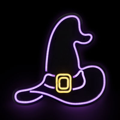 15'' Purple LED Lighted Neon Style Witch Hat Halloween Window Silhouette