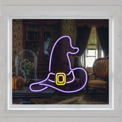 15'' Purple LED Lighted Neon Style Witch Hat Halloween Window Silhouette