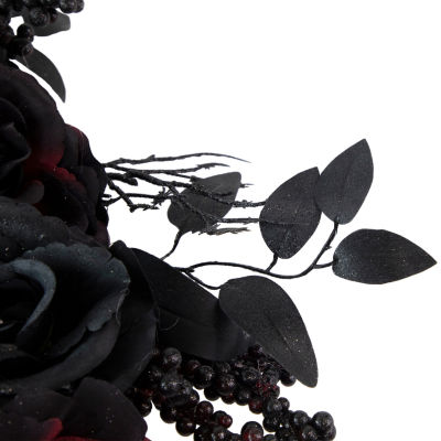 Burgundy and Black Roses with Spiders Halloween Wreath  24-Inch  Unlit