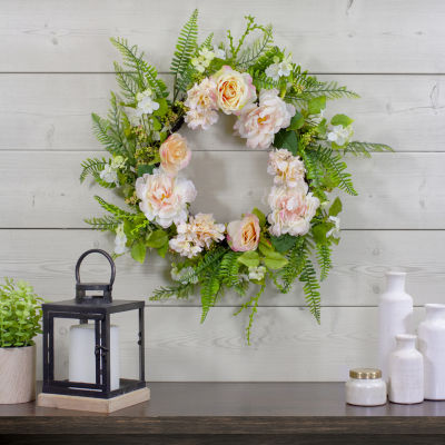 Northlight 24in Rose And Peony Fern Floral Indoor Christmas Wreath