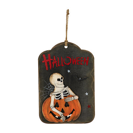 Northlight 9.75in Skeleton And Jack-O-Lantern Wall Sign, One Size, Black