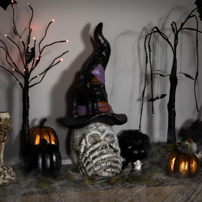 Northlight 22.75in Skull In Witch Hat With Black Cat Halloween Tabletop Decor