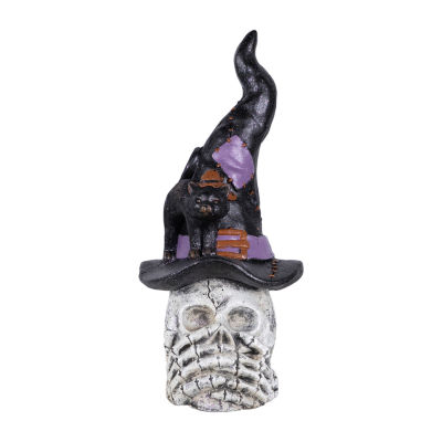 Northlight 22.75in Skull In Witch Hat With Black Cat Halloween Tabletop Decor