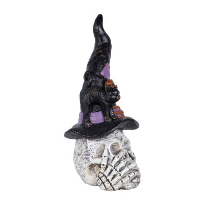 Northlight 22.75in Skull In Witch Hat With Black Cat Halloween Tabletop Decor