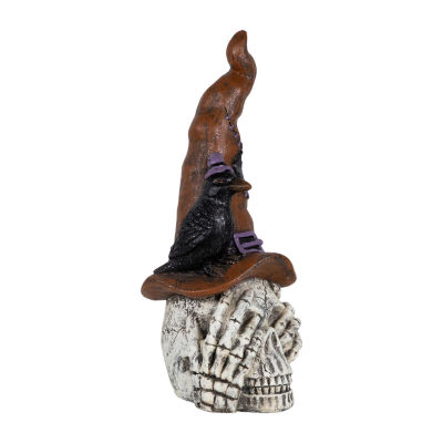 Northlight 22.75in Skull In Witches Hat With Crow Halloween Tabletop Decor