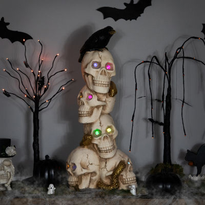 Northlight 27.5in Led Lighted Skull Tower With Raven Lighted Halloween Tabletop Decor