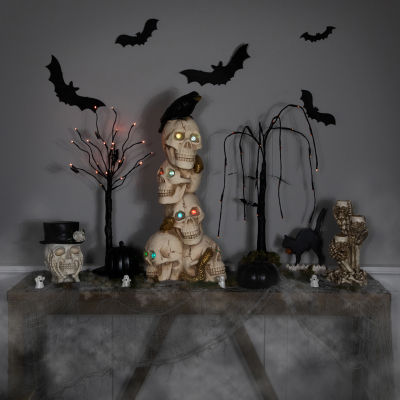 Northlight 27.5in Led Lighted Skull Tower With Raven Lighted Halloween Tabletop Decor