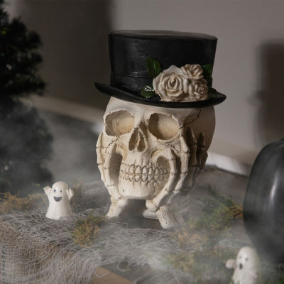 Northlight 9in Skull With Top Hat And Roses Halloween Tabletop Decor