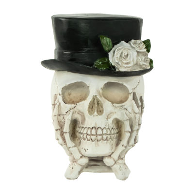 Northlight 9in Skull With Top Hat And Roses Halloween Tabletop Decor