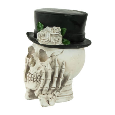 Northlight 9in Skull With Top Hat And Roses Halloween Tabletop Decor